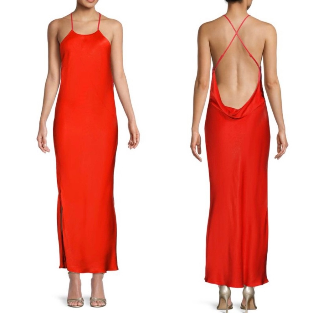 Bardot Mila High Jewel Neck Cowl Back Satin Slip Dress in Fire Red Size 2